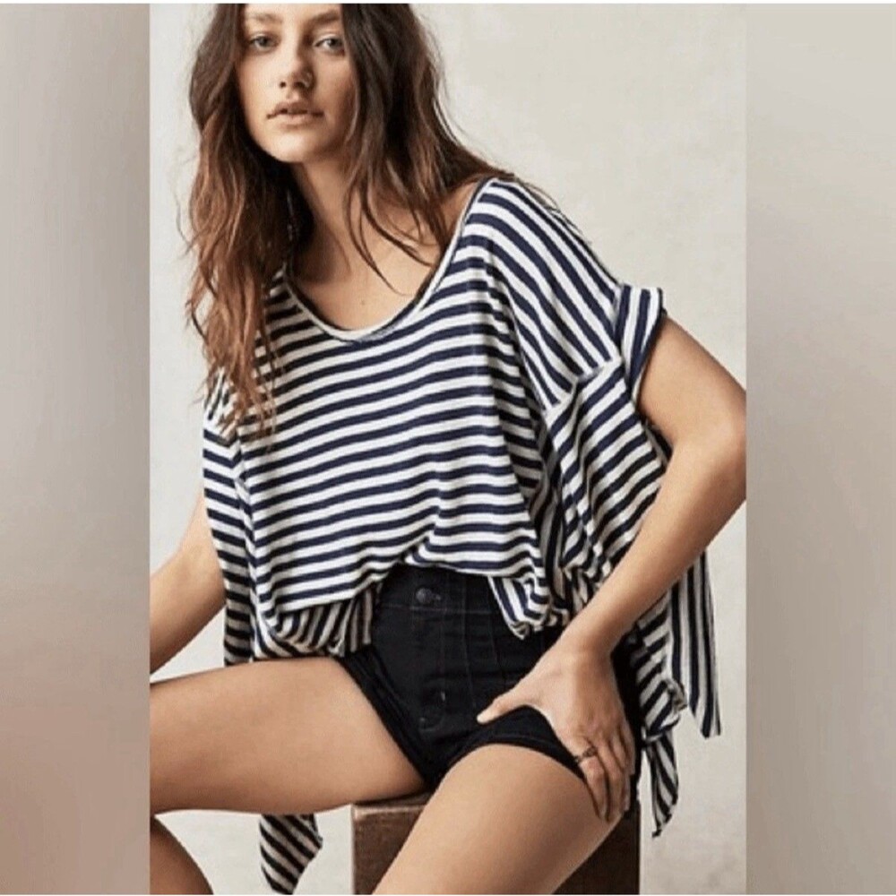 Free People Womens Cropped Striped Angel Tee In Navy Combo Medium Boho Festival